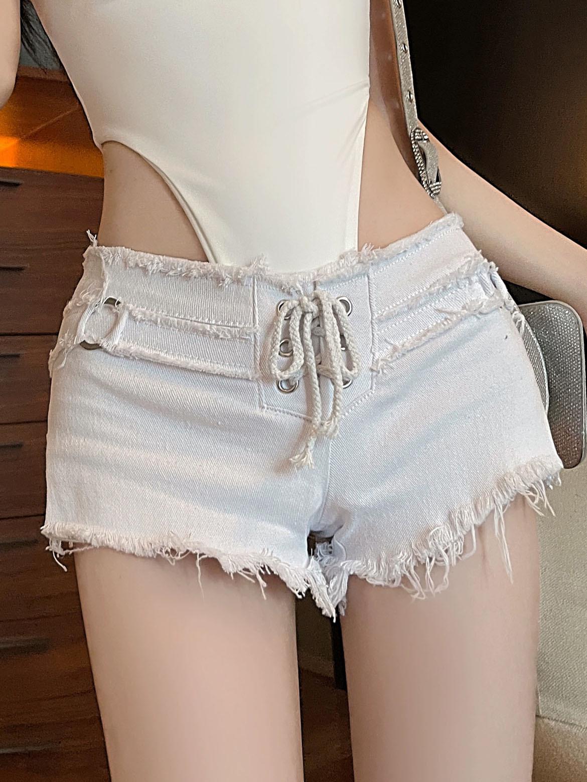 

2024 Y2K Сексуальные джинсовые шорты с заниженной талией и боковой молнией с отверстиями Large белый