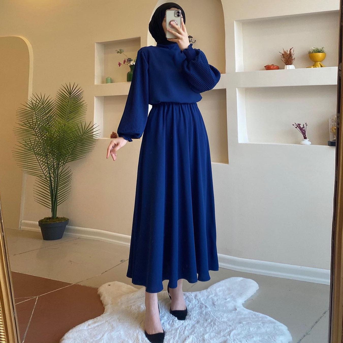 

2025 Elegant Long Sleeve Pleated Tie-Up Dress: Middle Eastern Women s Fashion L синій