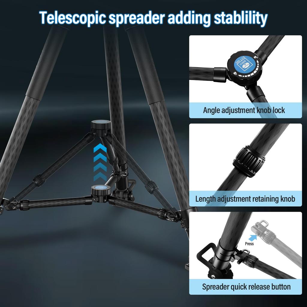 SIRUI SVS75 Professional Video Carbon Fiber Height Up To Lbs Professional Tripod for Video Cameras Tripod, 61" Tripod, One-Step Adjustment, Mid-Level