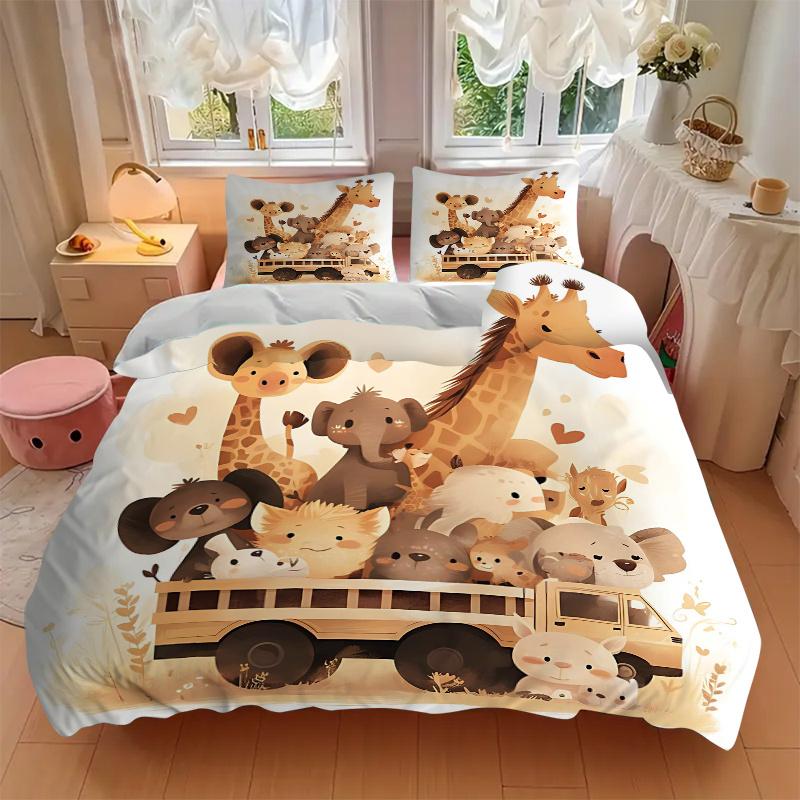 3pcs Cute Little Animals Bedding Set - 1 Soft Quilt Cover + 2 Pillowcases, Machine Washable - Suitable for All Seasons, Perfect Gift for Fam