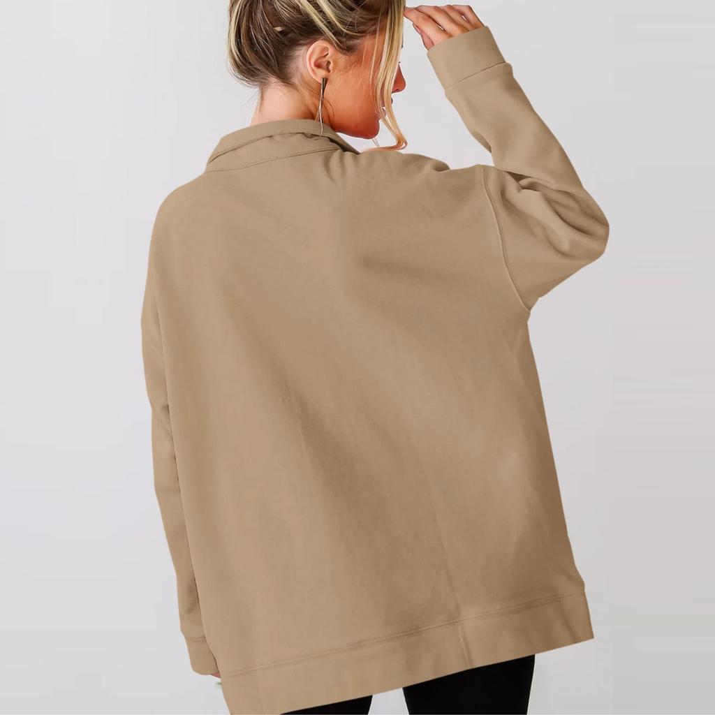 Damen Sweatshirts mit halbem Reißverschluss, übergroß, lässig, langärmelig, lockerer Pullover, Tunika-Oberteil mit Tasche