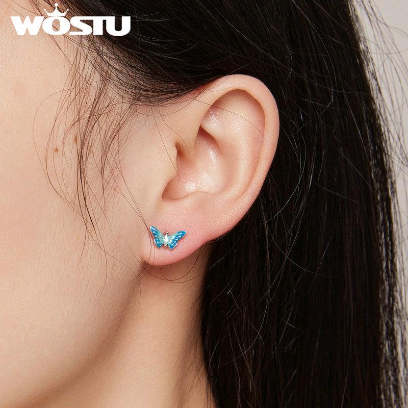 WOSTU Real 925 Sterling Silver Rainbow Butterfly Enamel Stud Earrrings Elf Moonstone Earrings Special Girl Jewelry Gift E1571