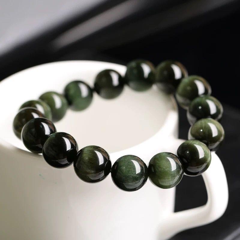 Natural Green Rutilated Quartz & Cat s Eye Multi-Strand Bracelet - Unisex Titanium Crystal Gift Beads ~6mm