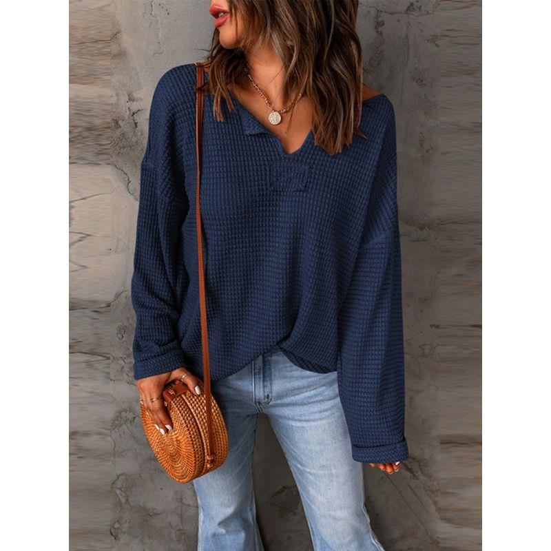 2024 Autumn Solid Color Waffle Knitting Long Sleeves T-shirt Female Fashion Drop-Shoulder Sleeve V-neck Casual Loose Pullover Female