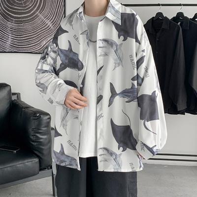 Chemise à manches longues et col rabattu pour homme, imprimé requin, simple boutonnage, ample, mi-longue, Streetwear, haut de vacances, printemps été