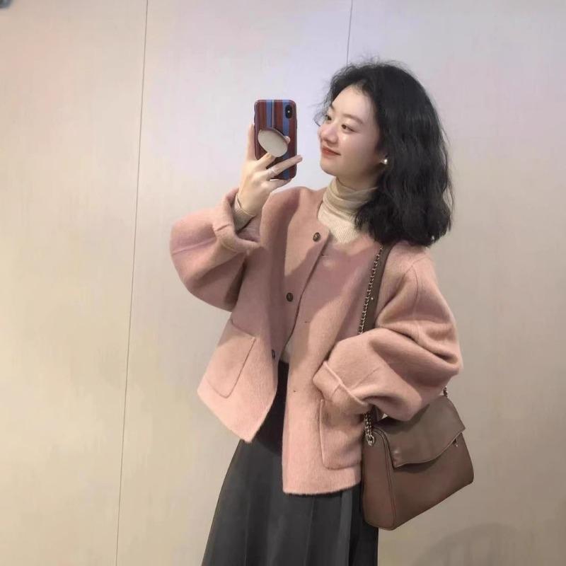 Pink Short Wool Coat Women Autumn Winter Korean Style Elegant Tweed Jacket