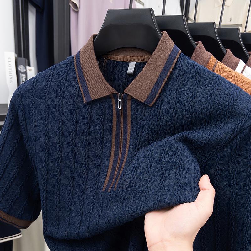 

2026 Men s Trendy Jacquard Short-Sleeve Polo - Versatile, Fashionable, Knitwear Base T-Shirt with Lapel 185/3XL (Suggested for 160-180kg)