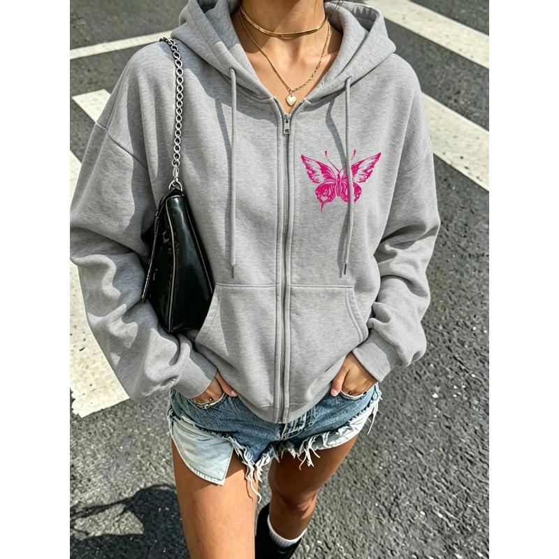 Women Zip Up Hoodie Butterfly Long Sleeve Drawstring Hooded Sweatshirt Loose Streetwear Ladies Fall Winter Warm Outerwear Jacket