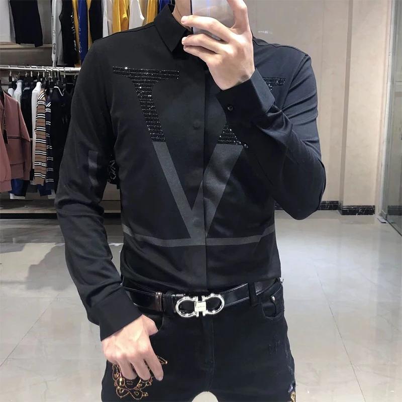 Spring Autumn Long Sleeve Diamonds Print Shirt Hombre Casual Letter Fashion Bottoming Blouse Men All-match Y2K Top Male Clothes
