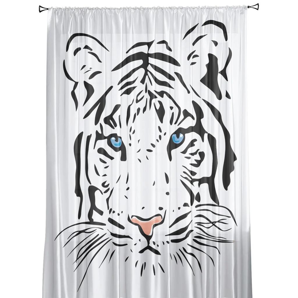 White Tiger Art Minimalistyczny Abstrakcyjny Niebieskie Oczy Sheer Zasłony dla Dzieci Dziewczyna Sypialnia Salon Okno Falbany Wystrój Kuchni
