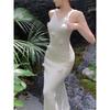 Sexy Fan White Knitted Long Dress Skinny Slim Fairy Suspender Skirt Summer Three-dimensional Flower Dress