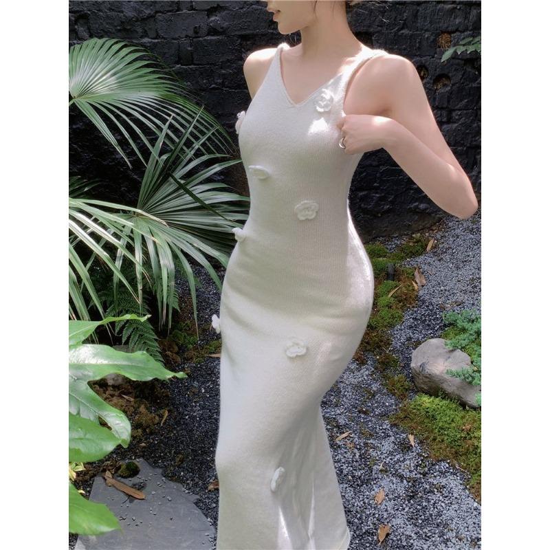 Sexy Fan White Knitted Long Dress Skinny Slim Fairy Suspender Skirt Summer Three-dimensional Flower Dress