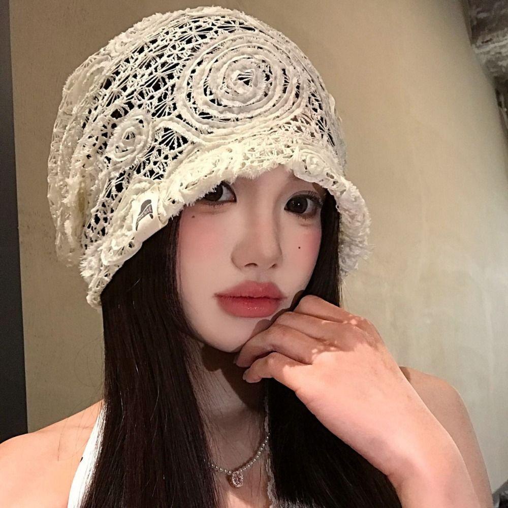 Breathable Hollow Out Flower Beanies Spicy Girl Flower Pile Hat Sweet Lace Hat Girls