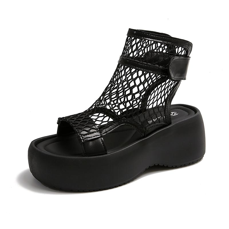 High Top Sandals Women's Summer Fashion Round Toe Open Toe Cutout Breathable Mesh Thin Platform Non-Slip Booties