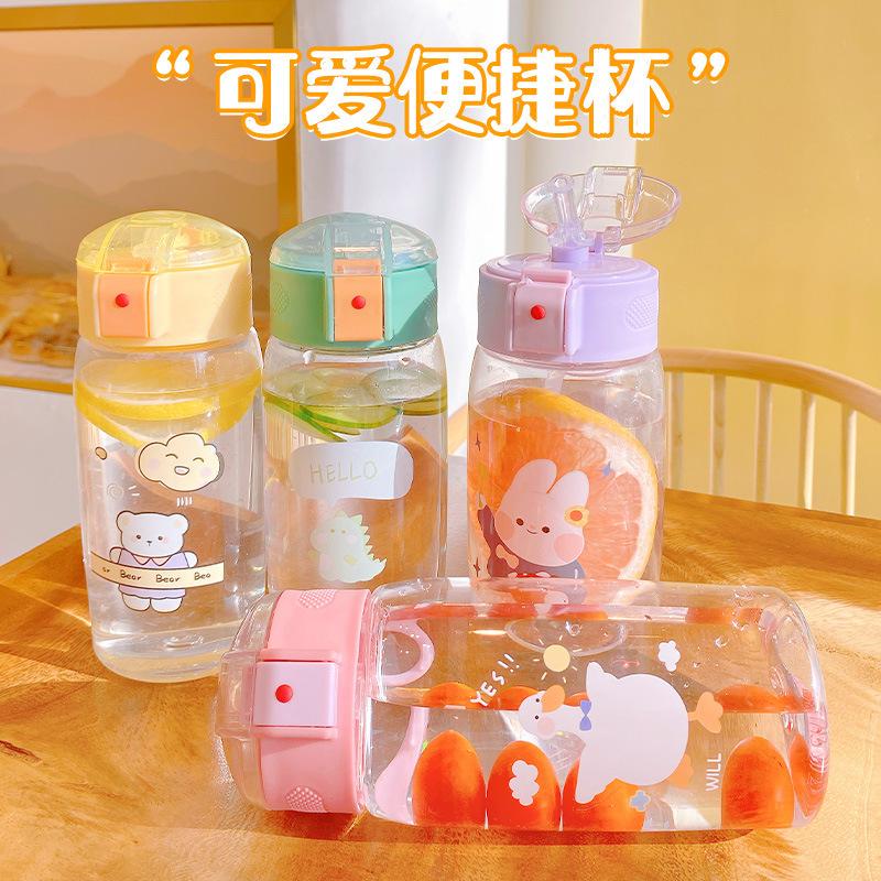 Water bottle high value straw cup one-click elastic cover small fresh plastic cup girls portable handle children printed water cup