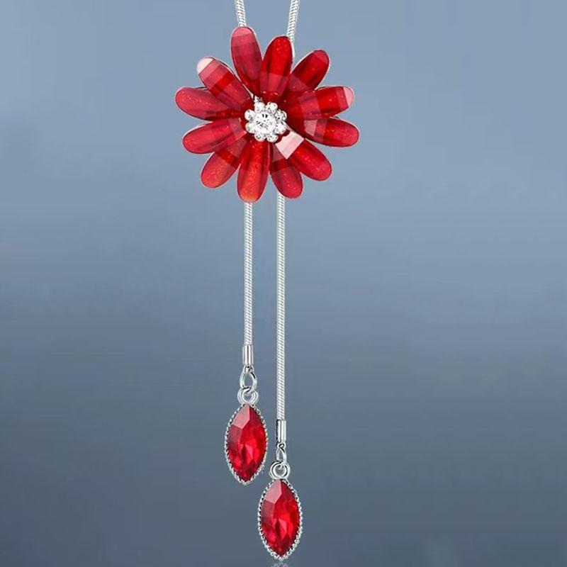 1PC Women's Fashion Metal Rhinestone Flower Rose Long Necklace Sweater Chain Accessories for Women Travel Party Jewelry Festival Gifts