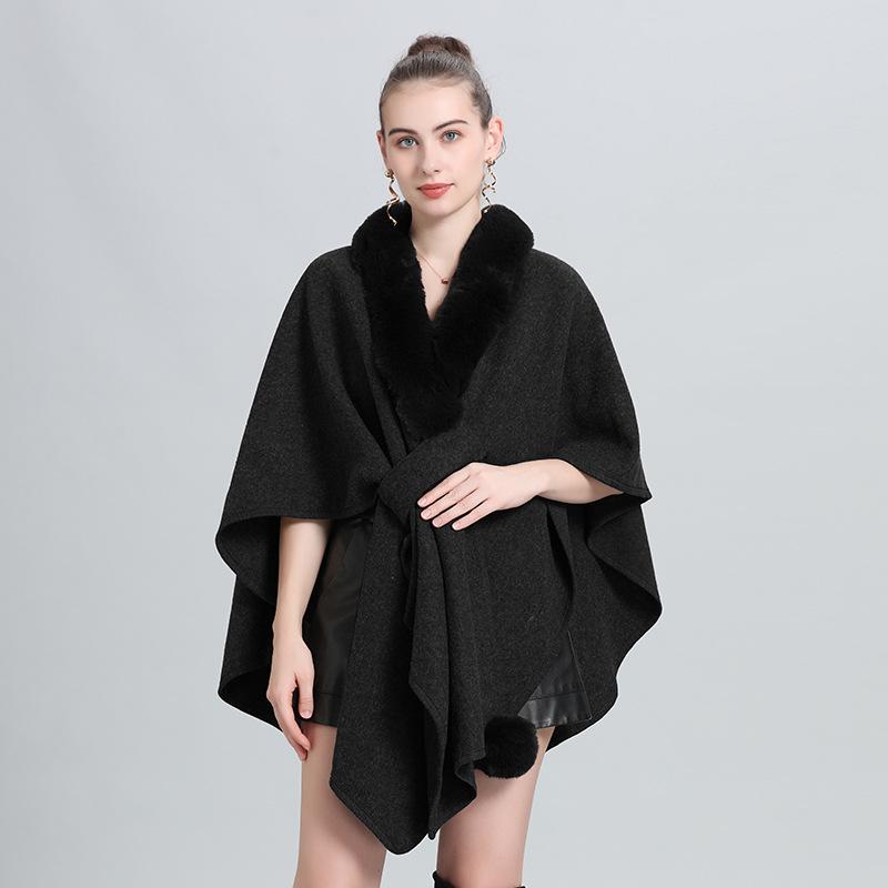 Autumn/Winter Knitted Scarf Shawl Cape with Fur Collar and Pom-Poms (Style 0962#)