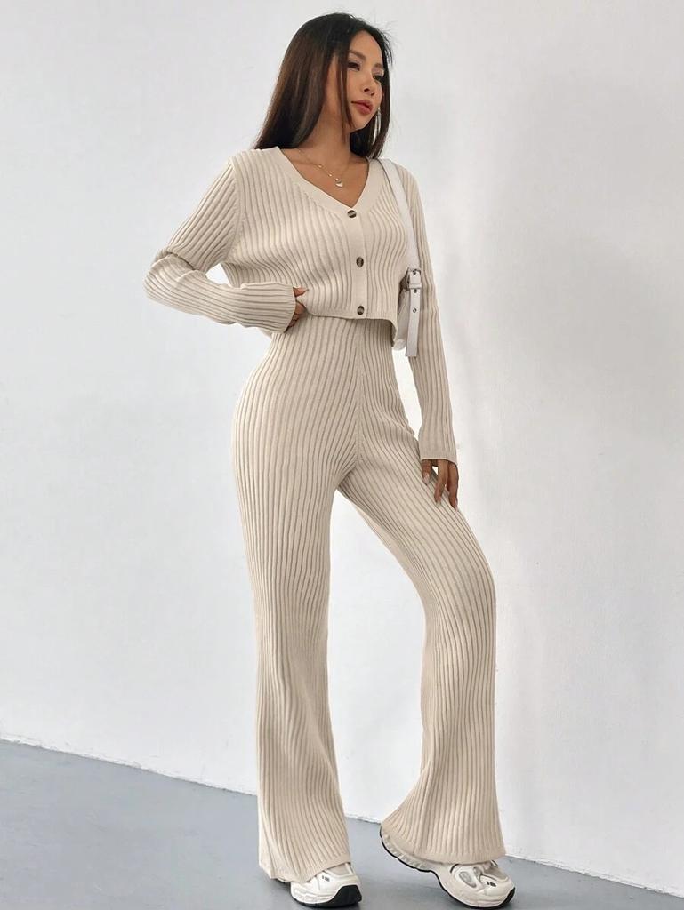 Solid Color Two-Piece V-Neck Short Knitted Cardigan Flared Pants