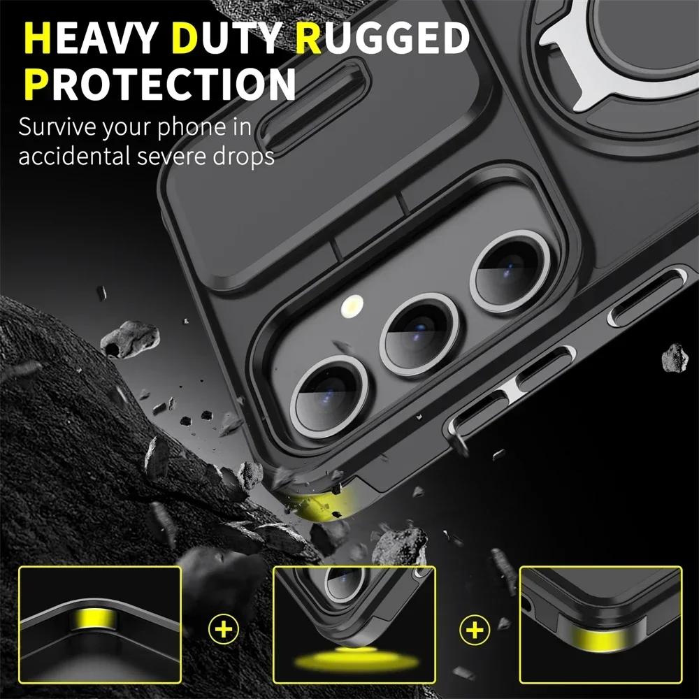 Shockproof Magnetic Phone Case for SamsungA17 A56 A36 A26 A16 A06 S24 S25 Ultra Plus Slide Camera Lens Ring Stand Protect Case