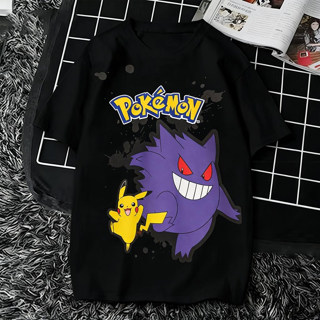 Bandai Pokemon Pikachu Gengar T Shirt Unisex Women Summer Cotton Short Sleeve Tee Anime Print Tops Streetwear Parentchild Clothing