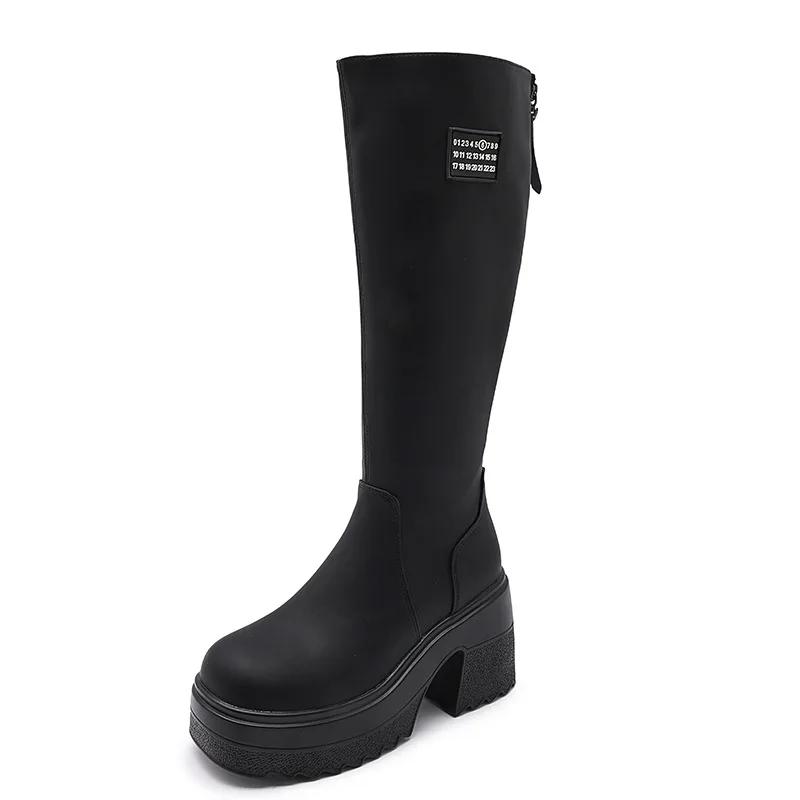 

Модные 10 см новые женские кожаные ботинки из микрофибры высокого бренда, повседневные высокие ботинки на платформе, туфли-лодочки на каблуках, осенние туфли на молнии 40 чёрный