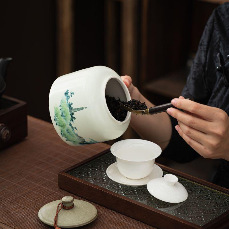 Vintage Mountain Scenery Pattern Ceramic Tea Caddy Moisture Seal Nut Candy Storage Jar Ink Ceramic Storage Bottle Art Decoration