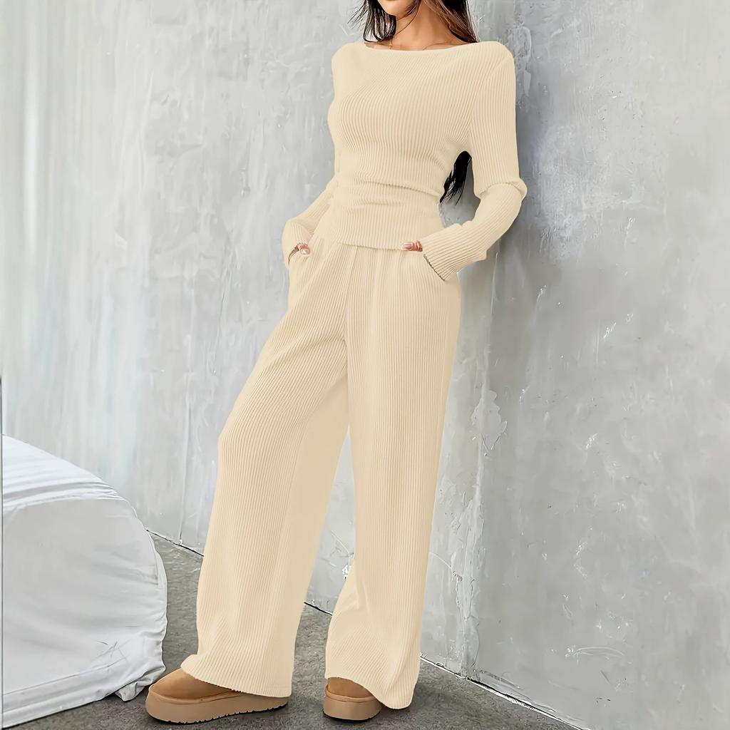 Women S French Style Slim Fit Long Sleeve Top And Wide Leg Pants Set