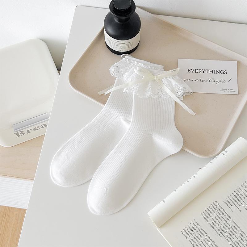 Chaussettes style ballerine pour filles, Douce frange en dentelle, Chaussettes mi-mollet à nœud pour filles, Couleur unie, Polyvalentes, Chaussettes longues sans couture