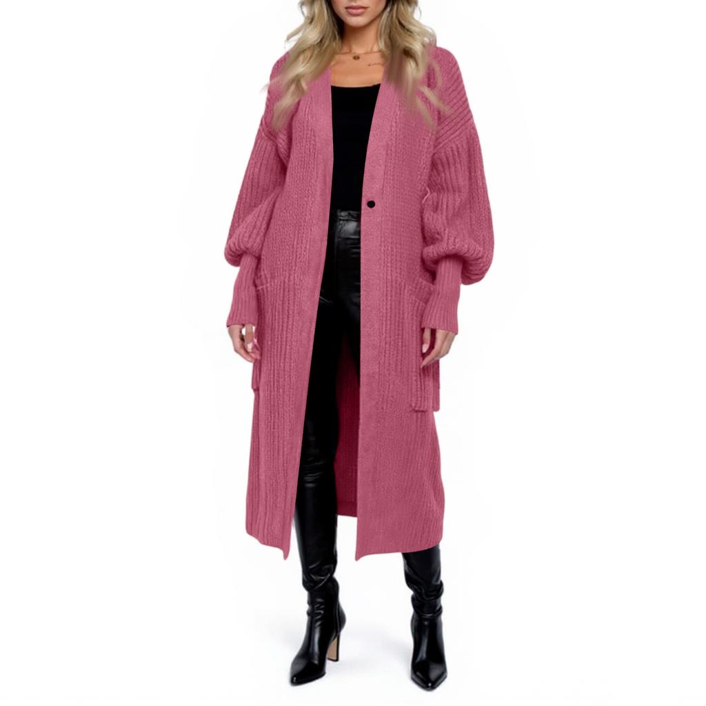 Women's Casual Loose  Sleeve Pocket Mid-Length Knitted Sweater Jacket