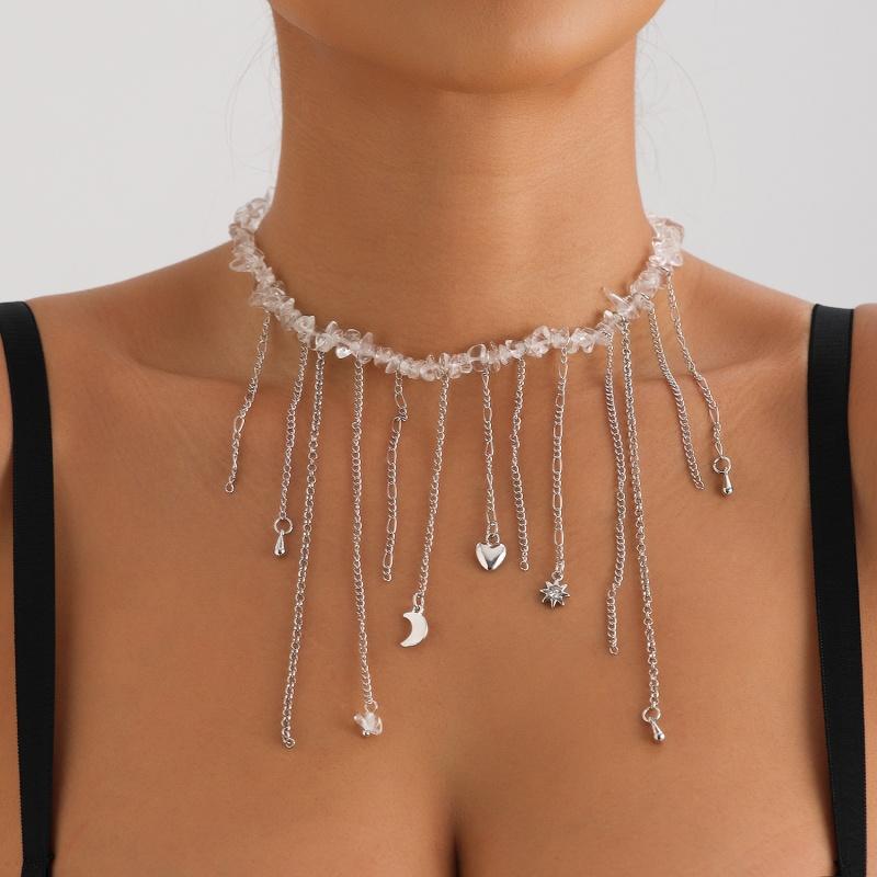 

New Fashion Trend Accessories Starmoon Fringe Pendant Transparent Stone Beaded Necklace For Women Holiday Gift Zircon