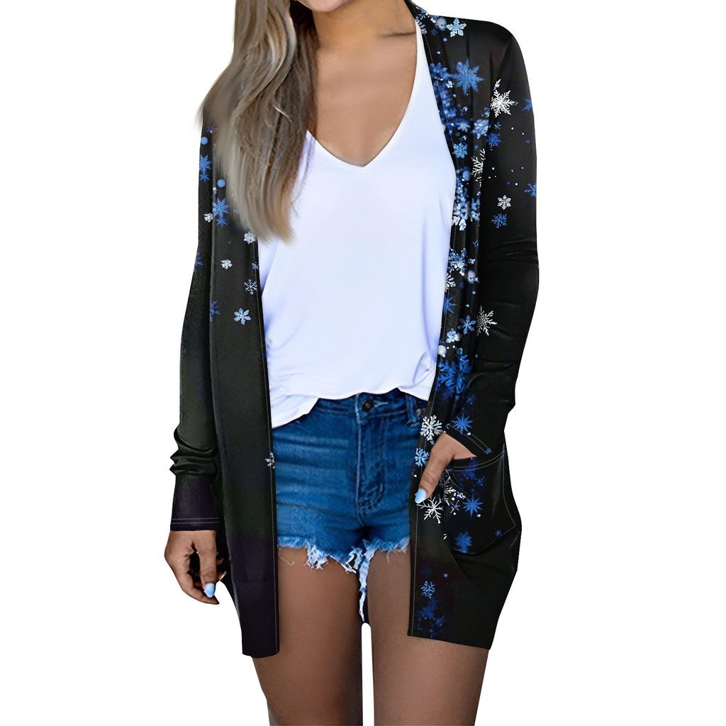 Women's Fashion Casual Christmas Printed Mid-Length Cardigan Long Sleeve Jacket