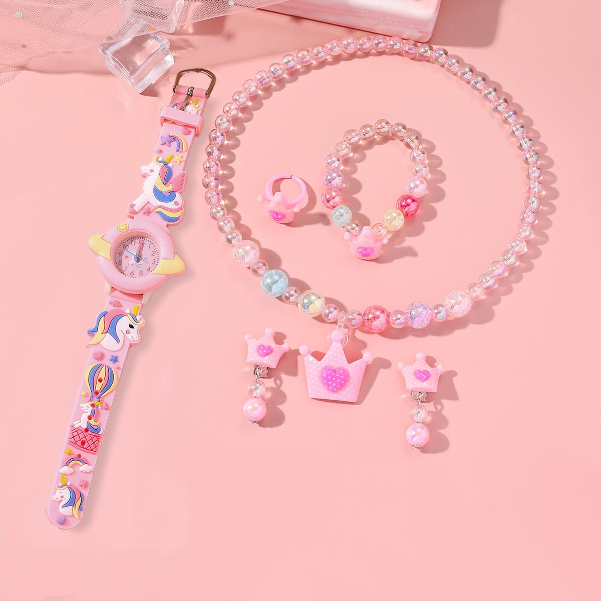 

Мультяшные модные милые женские силиконовые часы без подарочной коробки с ожерельем, браслетом, серьгами, кольцом, набор из пяти предметов розовый