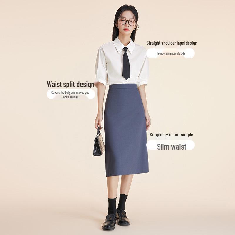 Women's Short-Sleeve White Wrinkle-Resistant Professional Shirt and Suit Dress Set for Work or Interviews