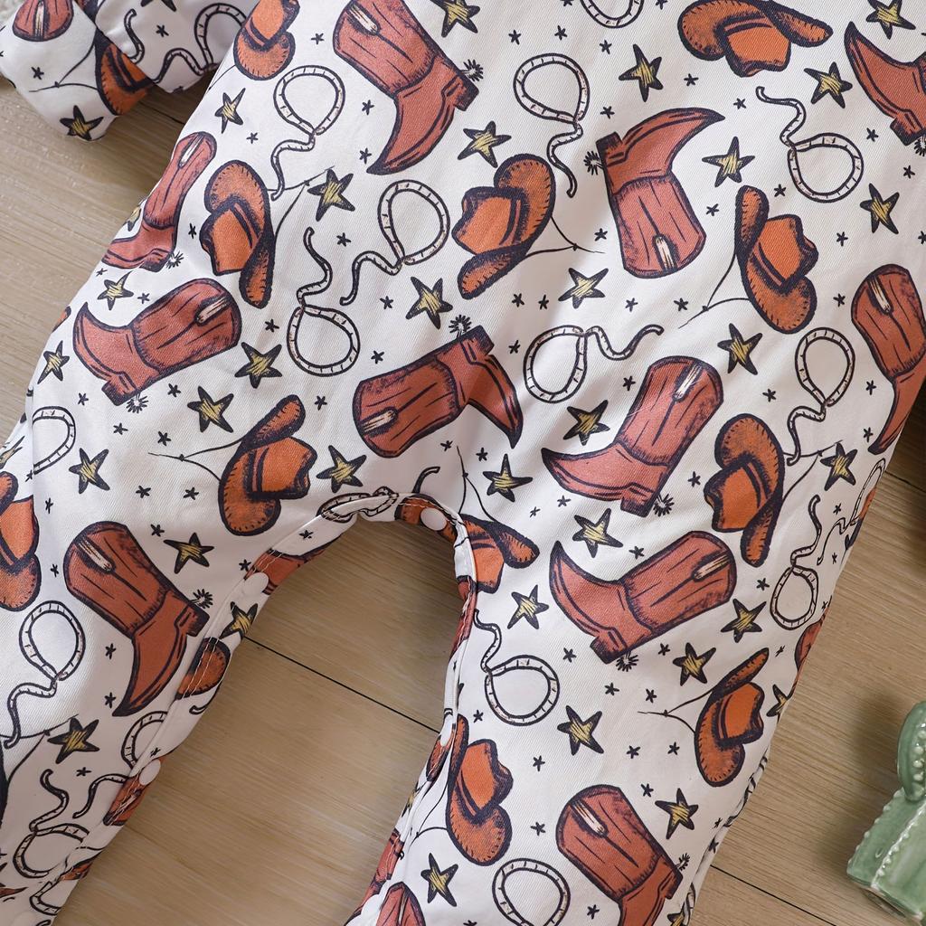 Baby Newborn Infant Girls Spring Autumn Cowboy Hat Print Long Sleeve Romper Jumpsuit Clothes Long Sleeve Toddler