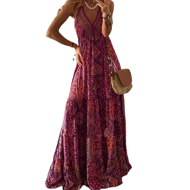Women's Clothing Long Dress Bohemian Style New Suspender Long Dress High Waist V-neck Printed Floral Dress Women's Clothing