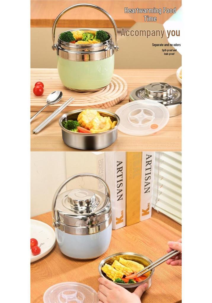 304 Stainless Steel Double-Layer Vacuum Bento Box with 8-Hour Heat Retention and Lifting Handle for Office Workers and Students