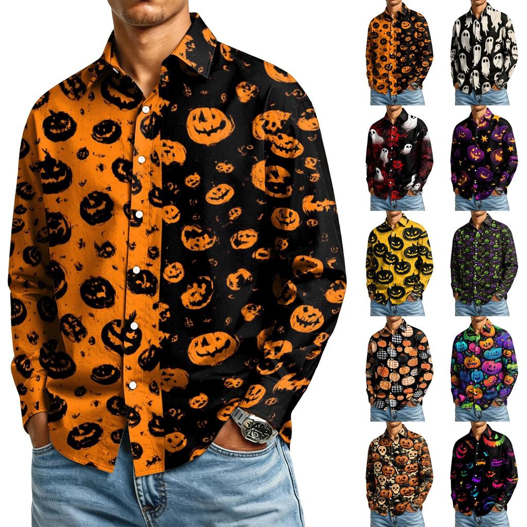 Men's Long Sleeve Button-Down Halloween Print Shirt for Casual Party Wear