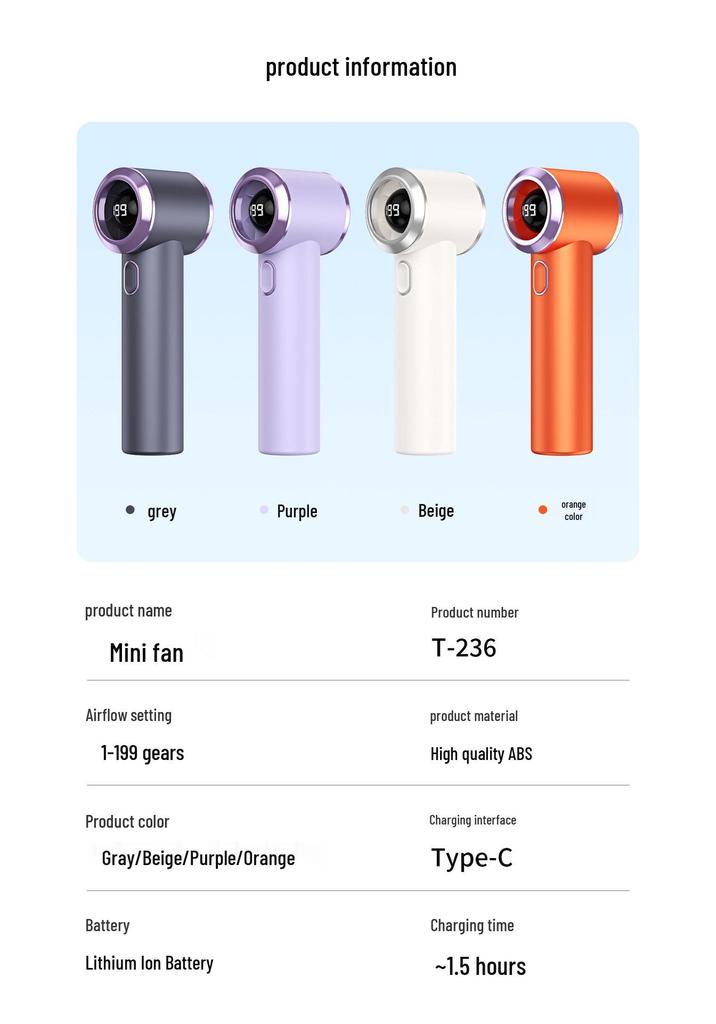 New T236 Handheld 199-speed High-speed USB Mini Digital Display Portable Turbo Fan