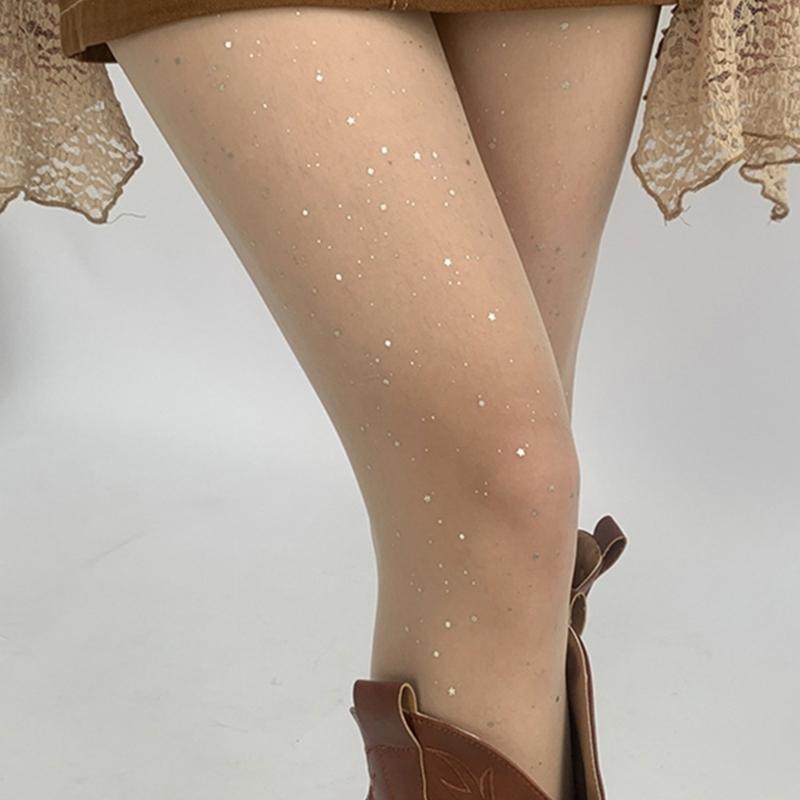 Women Sweet JK Preppy Ultra-Thin Sheer Pantyhose Stockings Glitter Rhinestones Dots See-Through Tights Leggings Hosiery