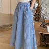 Women's Summer Blue Plaid High-Waist Elastic A-Line Umbrella Midi Skirt - Korean Style Slim-Fit with Flared Silhouette