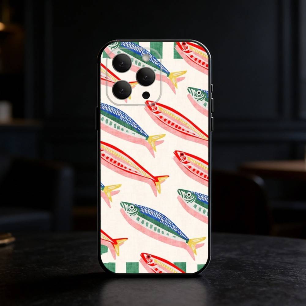 Colorful S-Sardine L-Lobster Fish Phone Case For iPhone 17,16,15,14,13,12,11 Plus,Pro Max,SE4Soft Silicone Black Cover