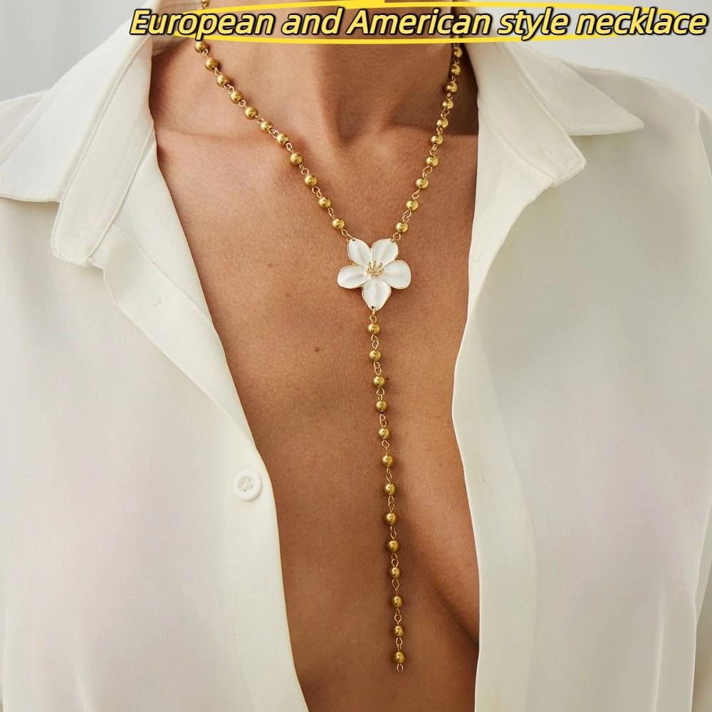 Gold Flower Necklace Metal Women Long Necklace Geometric Sweater Chain  Girls