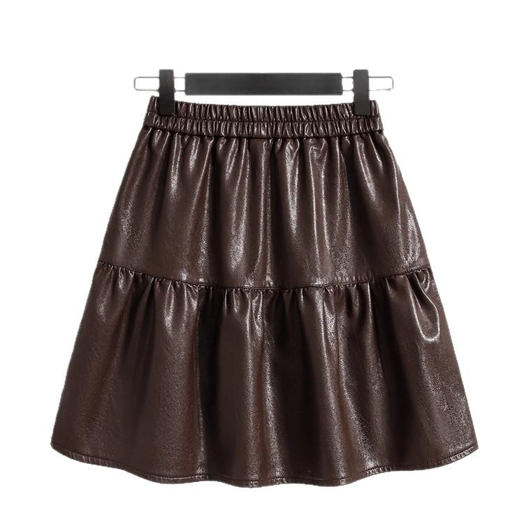 Fluffy Autumn 2025 Women's PU Leather High-Waisted A-Line Pleated Midi Skirt