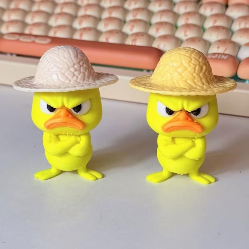3D Printed Duck Figurine Set of 4 with Angry Face and Crossed Arm, Textured Hat Decorations for Office Desks, Display Shelves, and Entryways