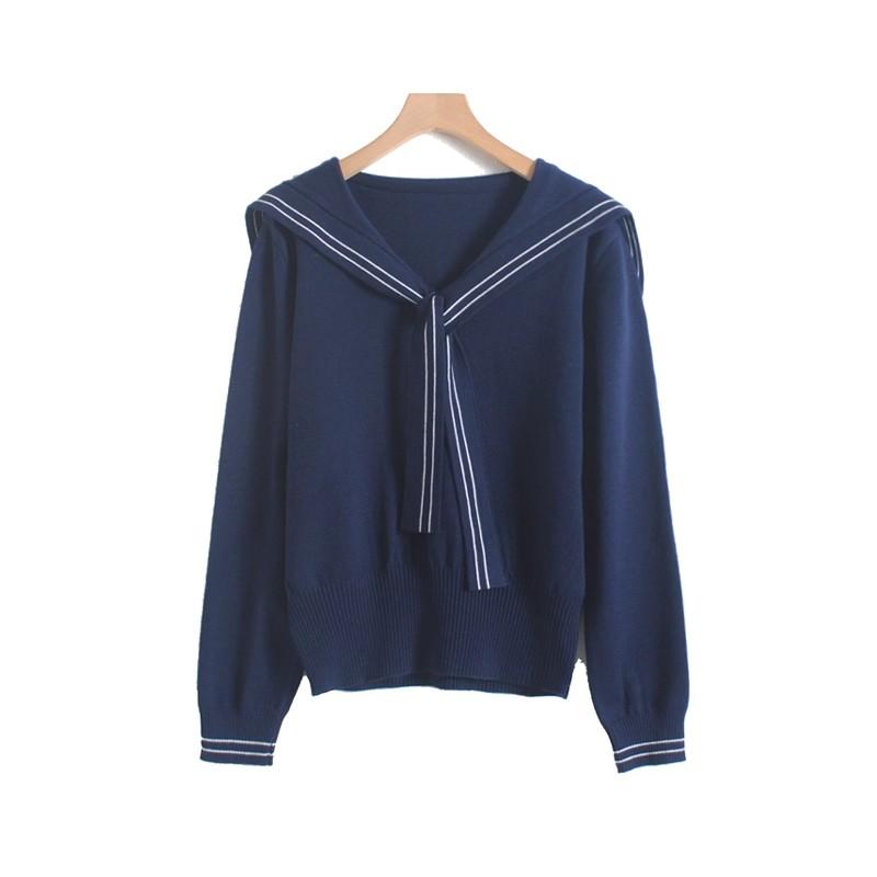 A New Loose-fitting, Versatile and Youthful Long-sleeved Sweater for Women with A Navy Neck Tie In The College Style for Autumn and Winter