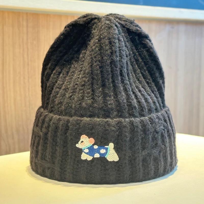 Welpen Bestickte Strickmütze für Damen im Herbst und Winter Warm Süß Niedlich Vielseitig Gesicht Zeigend Klein Überziehmütze, Trendig