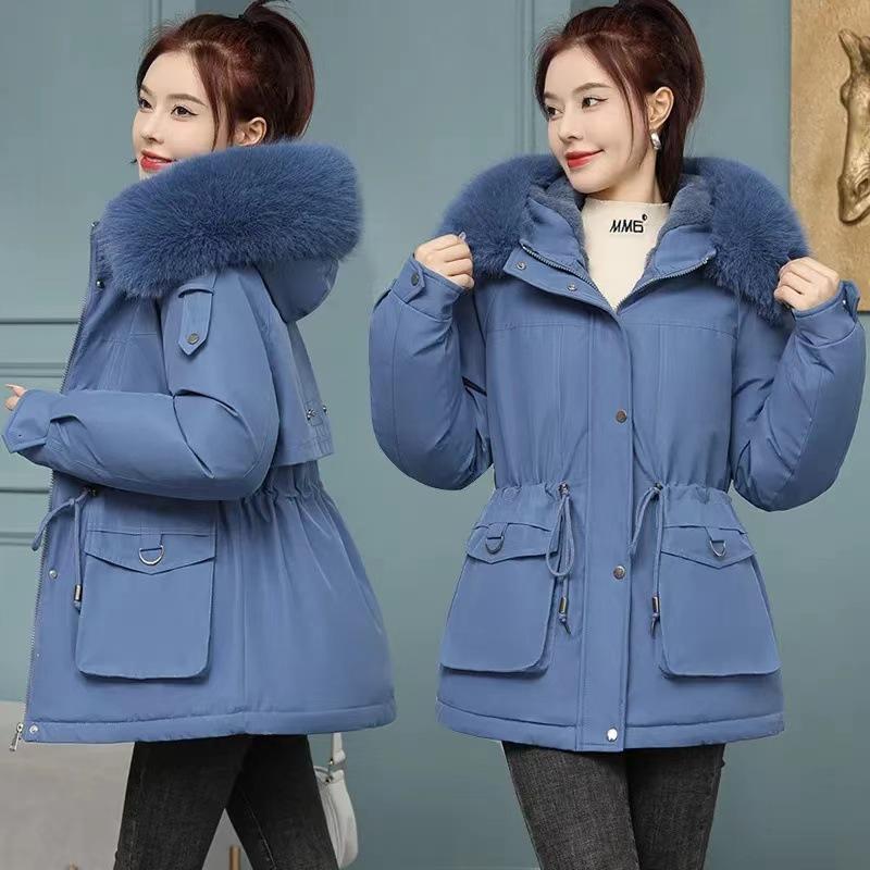 Parka Women's New Winter Hooded Large Fur Collar Down Jacket Women's Short Style Plus Velvet Thickened Loose Slim
