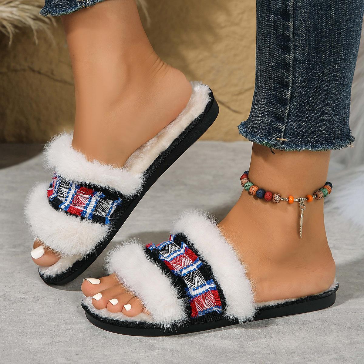 

Модные женские нескользящие тапочки осень-зима, хлопковые тапочки с открытым носком, 2024, новые женские тапочки на плоской подошве для дома, плюшевые тапочки больших размеров 42-43 чёрный