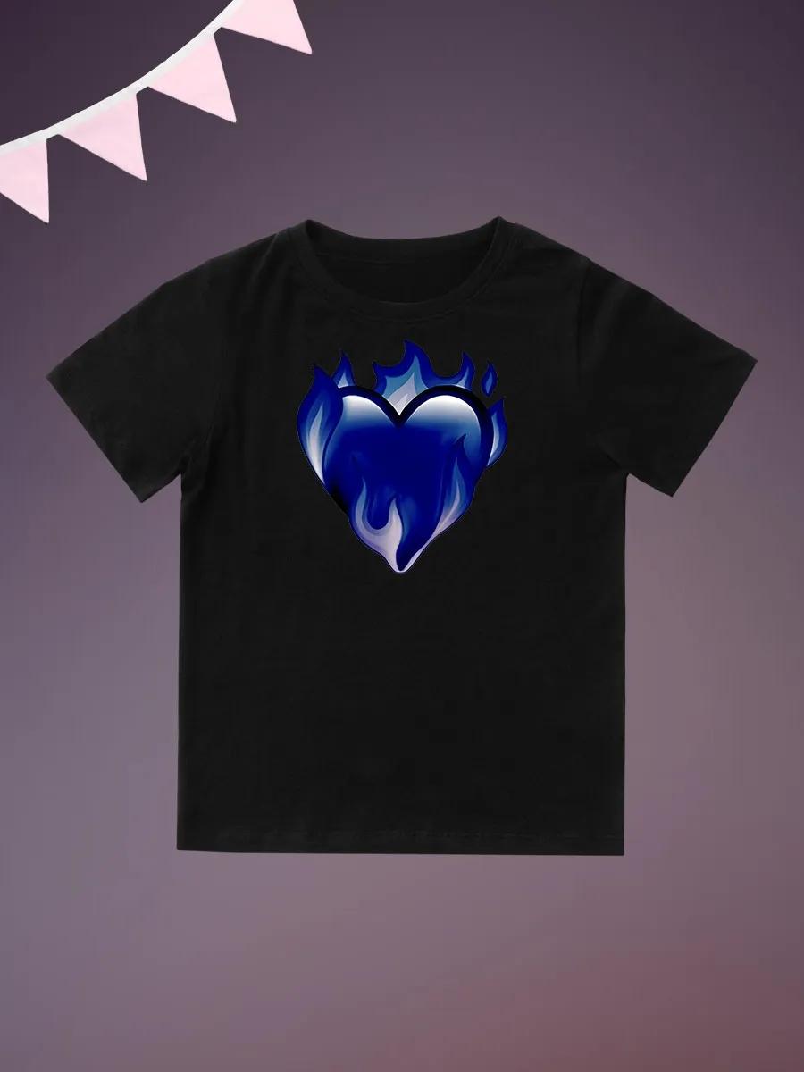 Round Neck Printed Pattern Pullover Short Sleeve Kids Tops Blue Fire Heart 100