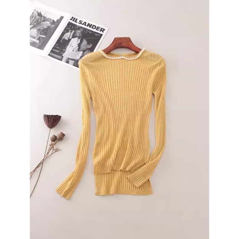 Pearl Necklace Six Wool Silky Silm Long Sleeves Thin Sun-Protection Shirt Dignified Sense of Design Silm Tops Women